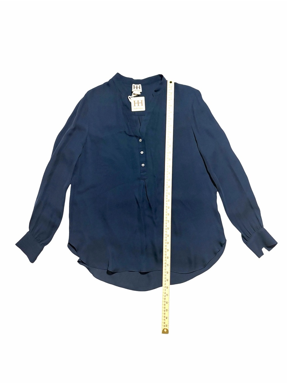 Haute Hippie 100% Silk Henley Mandarin Collar Blouse Navy L NWT - Picture 6 of 7